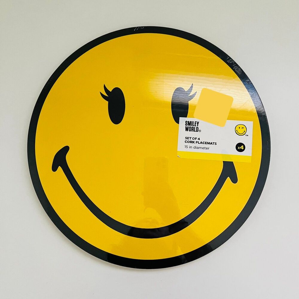 SMILEY WORLD Yellow Round Smiley Face Set of 4 Cork Placemats